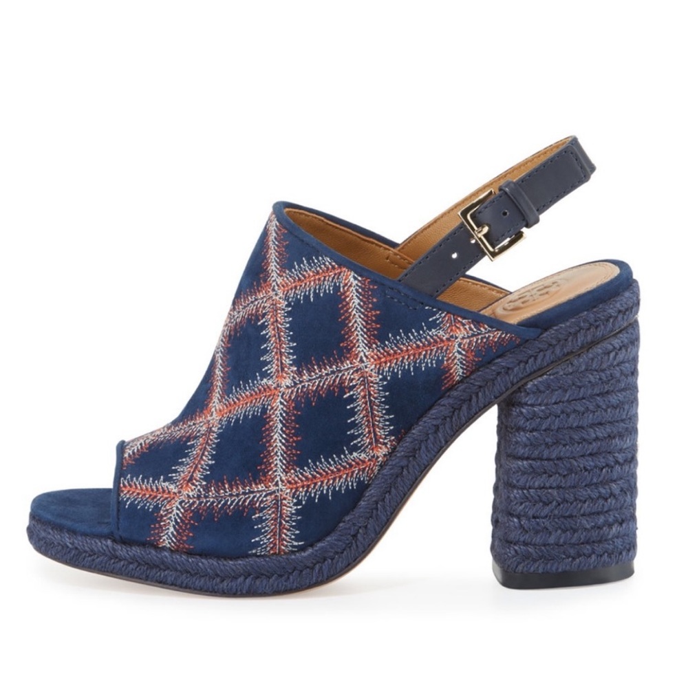 NEW Tory Burch Trinity Embroidered Navy Espadrille Heeled Slingback Sandal